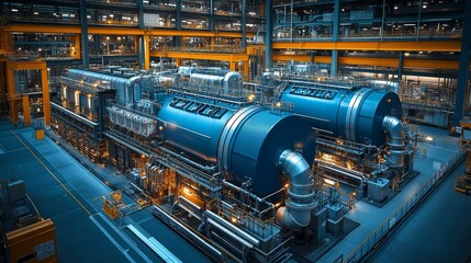 Poster - Large power generation facility showcases advanced turbine technology and intricate infrastructure, emphasizing energy production and efficient extraction methods.