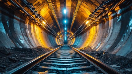 Leinwandbilder - A mining tunnel features illuminated tracks guiding towards the depths of the excavation site. Rugged walls reveal the process of mineral extraction and ongoing infrastructure development.