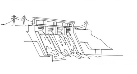 Hydroelectric dam minimalist line art illustrating sustainable energy solution