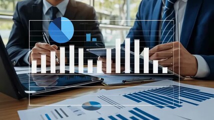 Poster - Two professionals in suits analyze business data, utilizing a tablet and laptop. Charts and graphs displayed, with a transparent growth strategy overlay. Focused on review and collaboration.