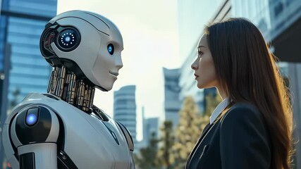 Fototapete - An businesswoman standing face--face humanoid robot. The setting is urban environment modern buildings background. The explores themes technology, business, , future.