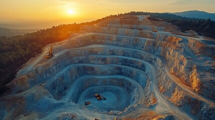 Fototapete - Mining equipment operates in a vast quarry as the sun sets, revealing intricate geological layers and the scale of mineral extraction in a rural area.