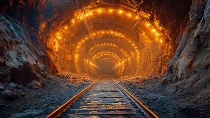 Poster - The interior of a mining tunnel showcases bright lights along the rails, highlighting the deep excavation where minerals are extracted.