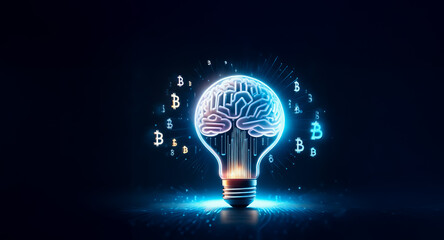 Poster - glowing brain lightbulb illuminated in darkness. bitcoin symbols float around the bright idea, repre