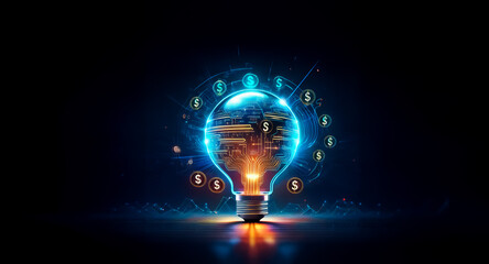 Aufkleber - a luminous light bulb encases a miniature cityscape, radiating bright blue and orange energy. circle