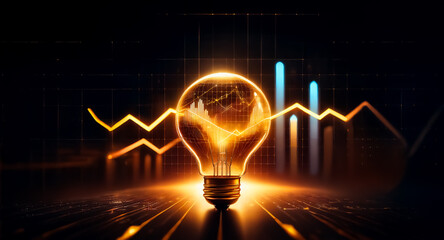 Wall Mural - glowing light bulb illuminates data graph lines against a dark backdrop, suggesting bright ideas and