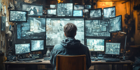Fototapete - A person sits focused in front of a large setup of multiple screens displaying banking transactions and verification processes.
