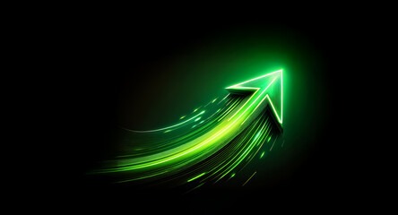 Wall Mural - a vibrant green arrow dynamically points upwards against a stark black backdrop, radiating a glowing