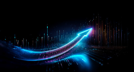 Aufkleber - an illuminated blue arrow streaks upwards against a dark background, creating a sense of forward mom