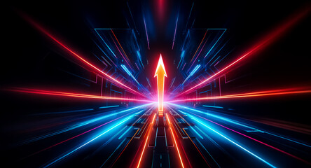 Aufkleber - vibrant arrow pointing upwards, illuminated by red and blue light trails on a dark backdrop. implies