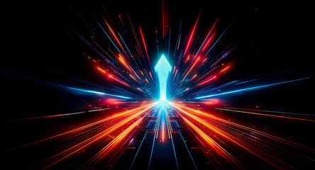 Poster - vibrant blue arrow bursts upwards radiating dynamic streaks of orange and blue light against a stark