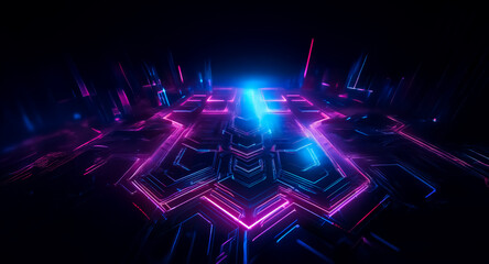 Aufkleber - neon lines illuminate a dark geometric platform. blue and pink glowing edges create an abstract digi