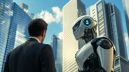Aufkleber - A human in a dark suit stands facing a sleek, humanoid robot with a glowing monitor. They are positioned in a modern cityscape, filled with towering office buildings against a partly cloudy sky.