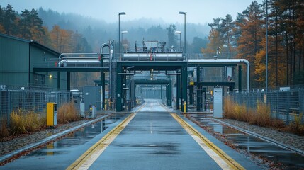 Fototapete - Heavy machinery and pipelines support energy generation in a mining area amidst the rain, showcasing modern infrastructure blending with natural surroundings.