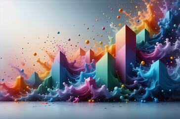 Aufkleber - colorful abstract geometric shapes with vibrant splashes. 3d rendered towers rise amidst dynamic liq