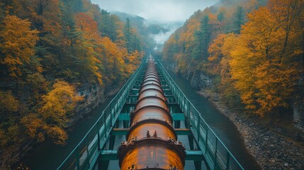 Aufkleber - A long pipeline crosses a picturesque valley, flanked by trees adorned in fall colors. Mist rises from the river below, creating a serene atmosphere.