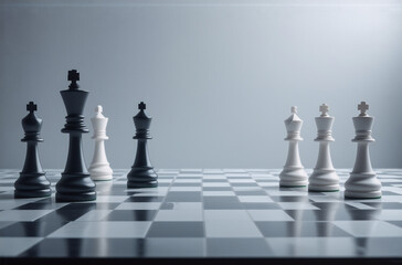 Poster - Chess pieces are positioned on a checkered board, with black and white sides facing each other, ready for a strategic game on a plain background.