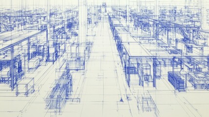 Poster - Assembly line blueprint with flowchart and time-study breakdowns nearby, no people