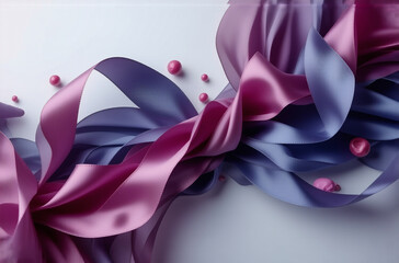 Poster - soft flowing purple and pink ribbons intertwine with spheres on a plain surface, creating a gentle a