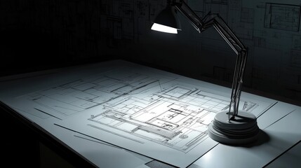 Poster - Blueprint laid flat under drafting lamp with shadows highlighting clean technical lines, no people