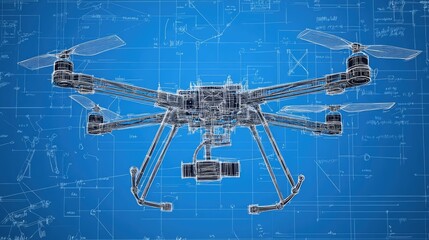 Poster - Blueprint of robotic drone design with annotations on propeller specs and battery layout, no people