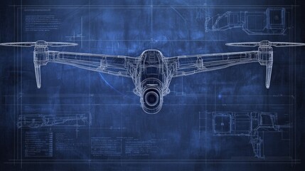 Poster - Blueprint of robotic drone design with annotations on propeller specs and battery layout, no people