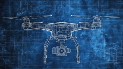 Poster - Blueprint of robotic drone design with annotations on propeller specs and battery layout, no people