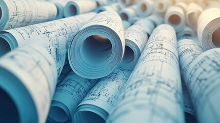Poster - Blueprint tubes stacked in an engineer's corner with labels indicating structural categories, no people