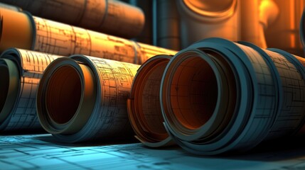 Poster - Blueprint tubes stacked in an engineer's corner with labels indicating structural categories, no people