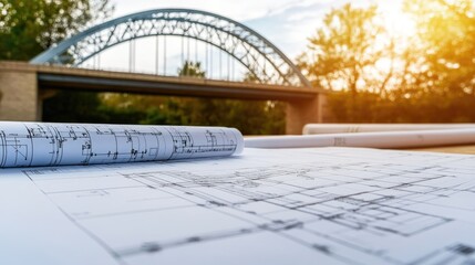 Poster - Bridge engineering blueprint on a stone work surface with load calculation sheets beside, no people