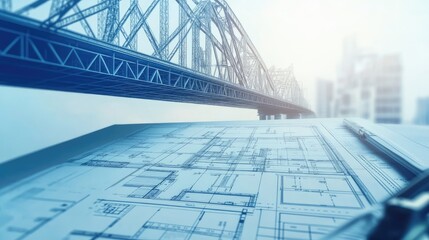 Poster - Bridge engineering blueprint on a stone work surface with load calculation sheets beside, no people