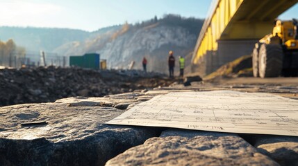 Poster - Bridge engineering blueprint on a stone work surface with load calculation sheets beside, no people
