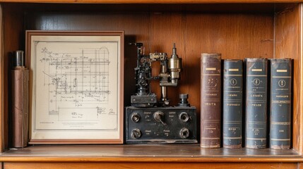 Poster - Close-up of engineering awards and framed patents on a shelf beside blueprints, no people
