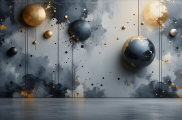Aufkleber - abstract wall art featuring floating spheres in gold, silver, and dark blue against a textured gray 