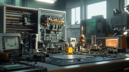 Poster - Electrical engineer's workspace with circuit boards, wiring, and soldering tools, no people