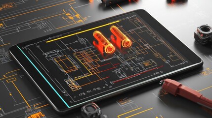 Poster - Electrical schematics spread across a digital tablet with glowing components and wiring symbols, no people