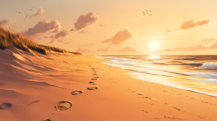 Wall Mural - sandy beach footprints fading into golden sunset, vanishing toward distant ocean horizon with warm e
