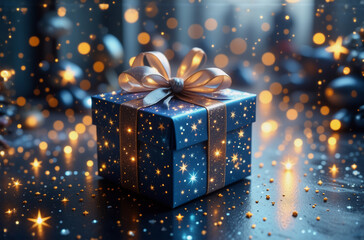 Wall Mural - festive gift box wrapped in blue paper with golden stars and a shimmering golden bow, surrounded by 