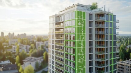 Poster - Green building blueprint with highlighted sustainability features and material symbols, no people