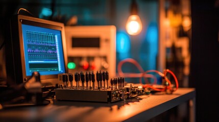 Poster - High-frequency circuit testing station with probes, power supply, and waveforms on screen, no people
