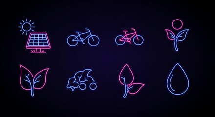 Poster - Neon Style Icons Representing Solar Energy, Bicycle, Plant Life, and Water Conservation for Environmental Sustainability