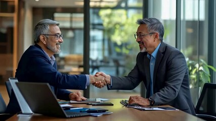 Poster - Two smiling business professionals in suits sealing a deal with a handshake over a table in a bright, modern office. The environment suggests collaboration and success.