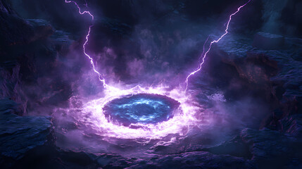 Wall Mural - mystical energy portal pulsing with ethereal cyan light, crackling purple lightning arcs, swirling c