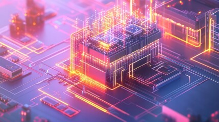 Poster - Isometric view of a smart electrical grid with digital overlays, showcasing modern engineering