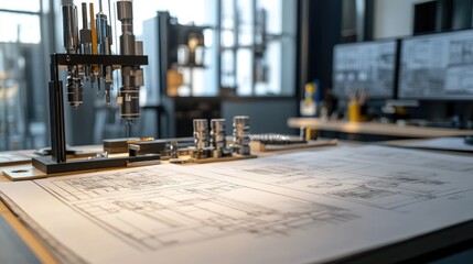 Poster - Mechanical components on engineer's workbench beside printed technical drawings, no people