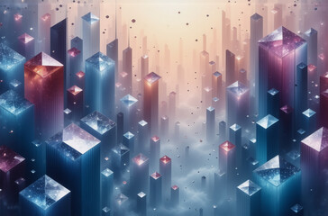 Aufkleber - abstract cityscape of geometric prisms and cubes in red, blue, and white. perspective view with dept