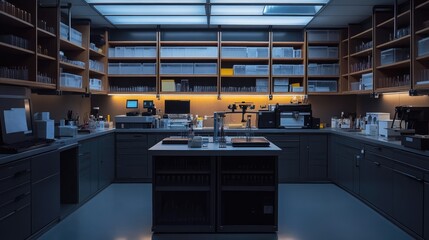 Poster - Metallurgical lab with analysis instruments and sample trays neatly organized, no people