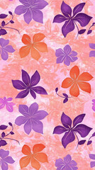 Poster - A pink and purple floral patterned fabric with orange flowers. The flowers are arranged in a way that creates a sense of movement and flow. Scene is one of relaxation and tranquility