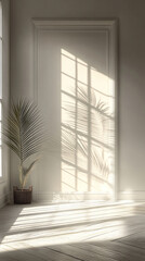 Poster - A white door with a plant in a vase in front of it. The plant casts a shadow on the wall