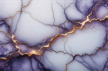 Poster - elegant marble texture with white and purple hues, adorned by striking golden veins, creating a luxu